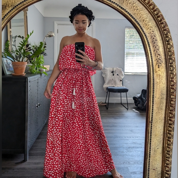 Summer Strapless Boho Beach Front Slit Swiss Dot/Floral Long Maxi Dress - Picture 6 of 7